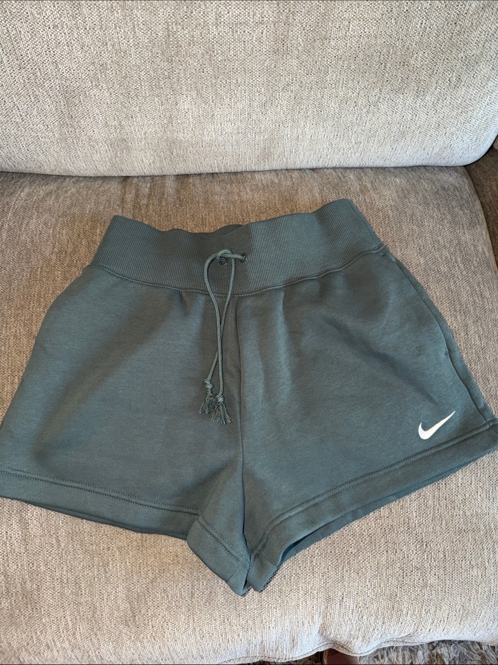 Nike Women's Olive Drawstring Athletic Shorts with White Swoosh